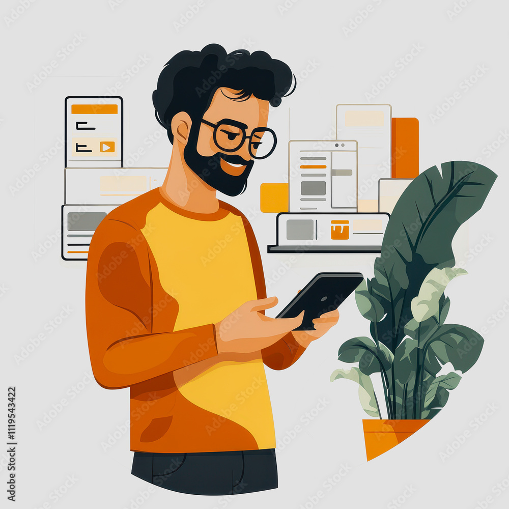 Poster young man in casual attire using smartphone while standing beside indoor plant in a modern workspace