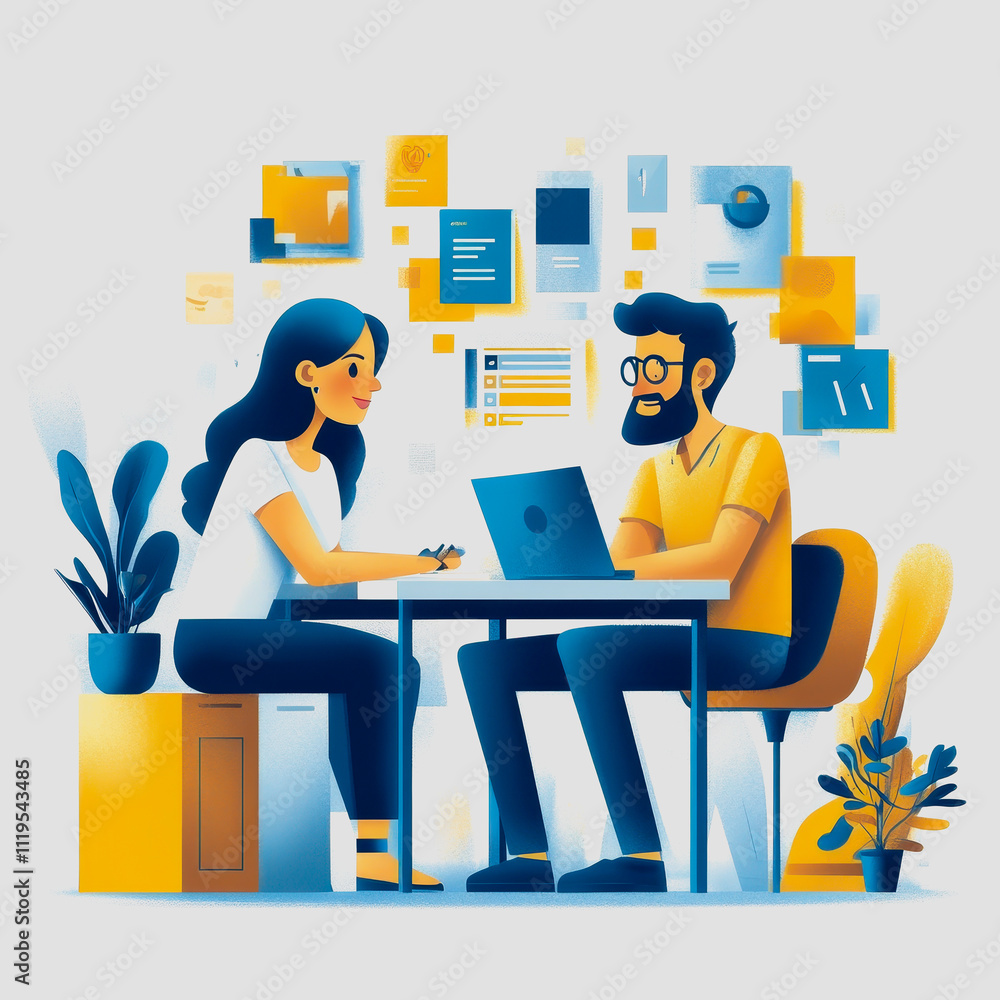 Aufkleber engaging meeting between two colleagues in a bright office environment with colorful visual elements