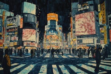 Fototapeta premium A night scene of Shibuya Crossing reimagined in traditional woodblock print techniques