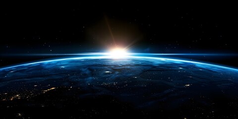 Fototapeta premium Sunrise blue light view from space on planet earth at night 