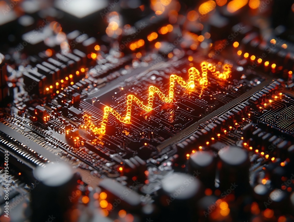 Poster glowing dna strand embedded in futuristic computer chip symbolizing fusion of biological and digital