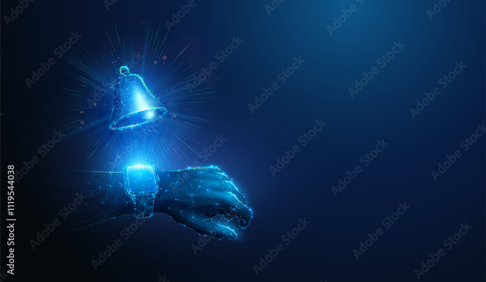 Poster abstract illustration of low poly notification bell over smart watch. blue geometric background depi