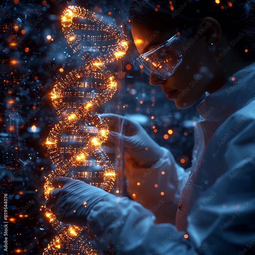 Poster scientist examining glowing petri dish with strands of dna carrying data symbolizing future of biolo