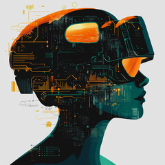 Futuristic Woman with Virtual Reality Headset and Digital Circuitry Background for Technology and Innovation Concepts in Modern Art