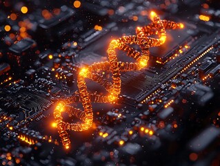 Glowing DNA Strand Embedded in Futuristic Computer Chip Symbolizing Fusion of Biological and Digital Technologies