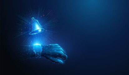 Abstract illustration of low poly notification bell over smart watch. Blue geometric background depicting smartwatch alarm, reminder application concept by wireframe connection structure