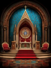 Majestic church altar featuring ornate Gothic architecture, vibrant red and gold accents, intricate patterns, and a stunning cross centerpiece, evoking solemnity and divine grandeur.