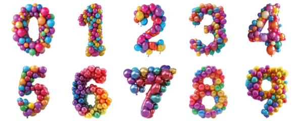 Pack 0 to 9 Numbers Colorful Balloons Style set over Transparent Background for Modern Design Projects, Creative Branding, or Unique Typography Applications