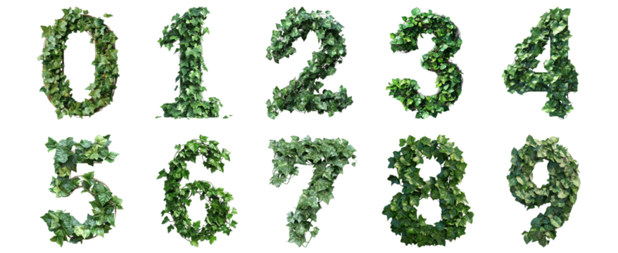 Pack 0 to 9 Numbers Leafy Vines Style set over Transparent Background for Modern Design Projects, Creative Branding, or Unique Typography Applications
