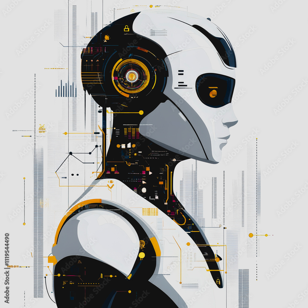Poster futuristic humanoid robot with digital patterns and holographic elements, showcasing advanced techno