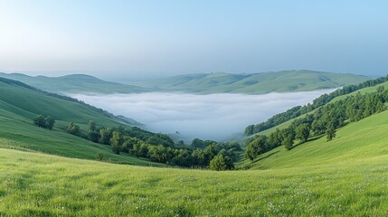 Fototapeta premium Misty valley nestled in rolling green hills at sunrise.