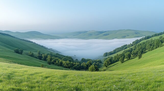 Misty valley nestled in rolling green hills at sunrise.
