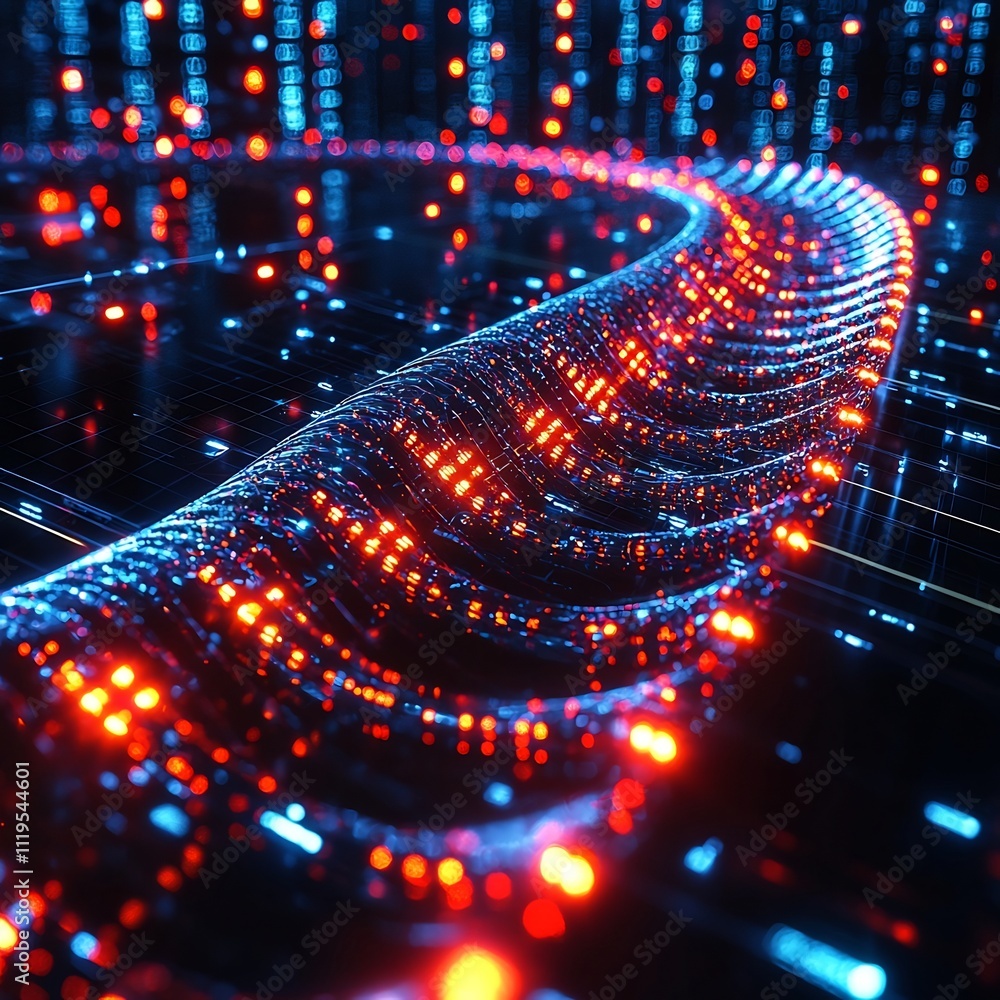 Poster glowing digital dna strand displayed on computer screen representing data storage and biotechnology 