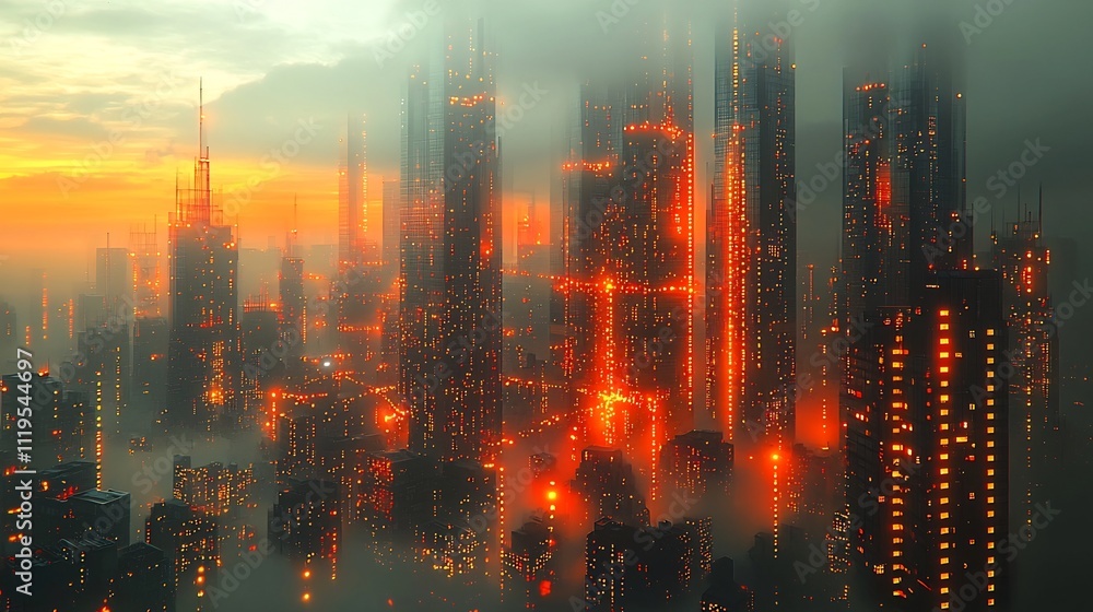 Poster futuristic cityscape with glowing quantum particle networks symbolizing quantum internet power