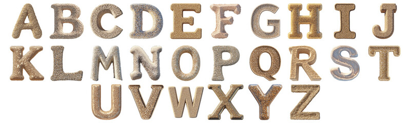 Pack A to Z alphabets Glimmering Beach Sand Style set over Transparent Background for Modern Design Projects, Creative Branding, or Unique Typography Applications