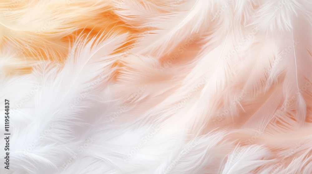 Poster soft and fluffy feathers in shades of white and peach arranged artistically for background use