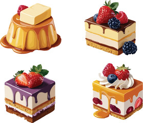 Set of Delicious Dessert Illustrations with Berries, Flan, Cheesecake, and Fruit Toppings