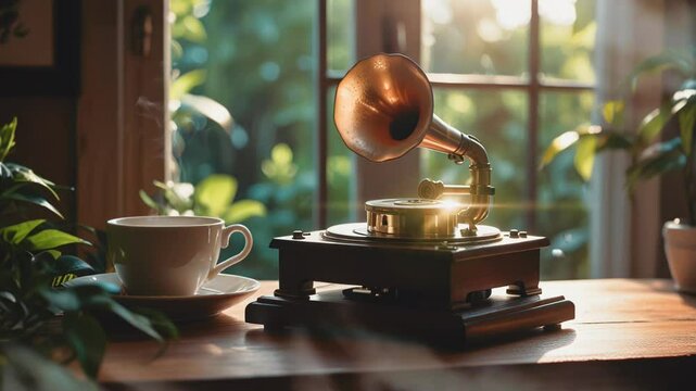 animated scenery Enjoying coffee while listening to nostalgic music, with old cassettes and a cup of coffee. 4k time-lapse video background that loops seamlessly
