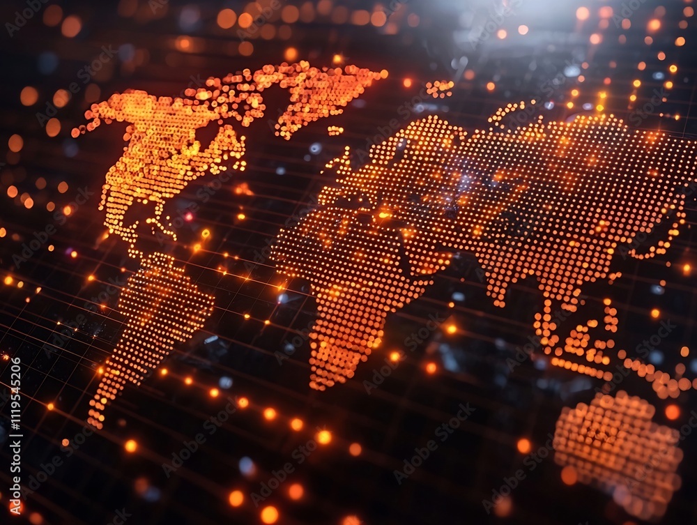 Poster glowing quantum network connecting the digital global map