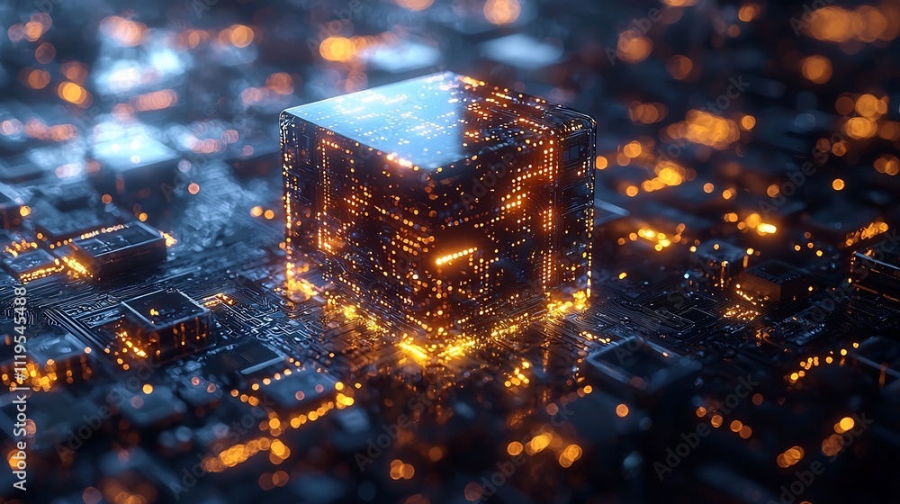 Poster holographic quantum computer showcasing encrypted data transfer in futuristic digital environment