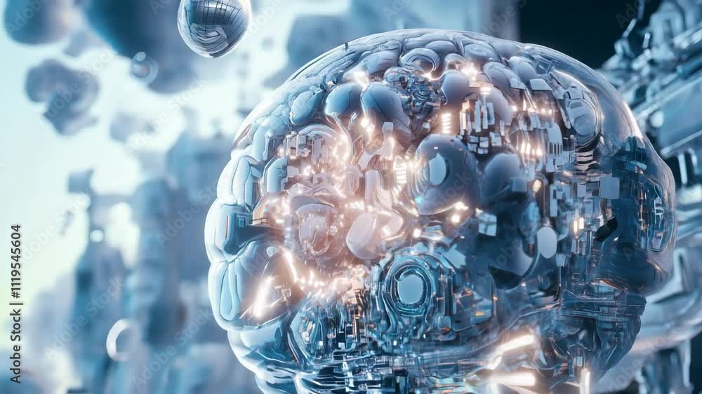 Poster mechanical brain rotating with visible connections and processors is showing concept of artificial i