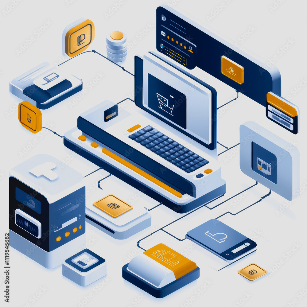Aufkleber digital technology framework featuring laptop, data storage, payment systems, user interface compone