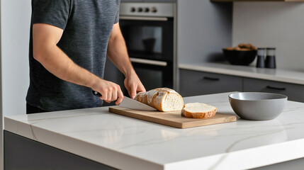Male Chef Slicing Fresh Artisanal Bread in a Modern Kitchen: Cooking Process with Fresh Ingredients and Kitchen Tools, Embracing Culinary Passion and Healthy, Homemade Meals