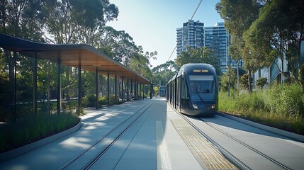 Obraz premium Urban Public Transport Solutions, Modern Eco-Friendly Tram Station Surrounded by Greenery