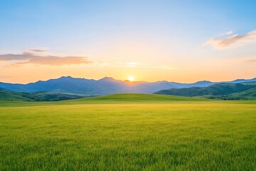 Naklejka premium Stunning Pastoral Landscape with Rolling Hills and Golden Fields Under Vibrant Sunset Sky