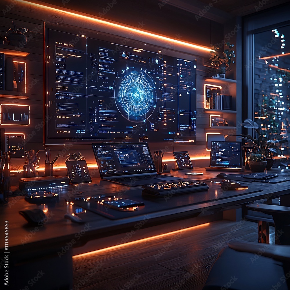 Poster futuristic home office with quantum internet powered holographic displays and real time data visuali