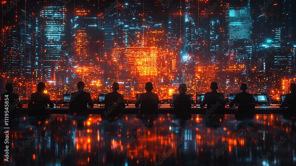 Poster futuristic business leaders connected through quantum internet with glowing holograms and instant da