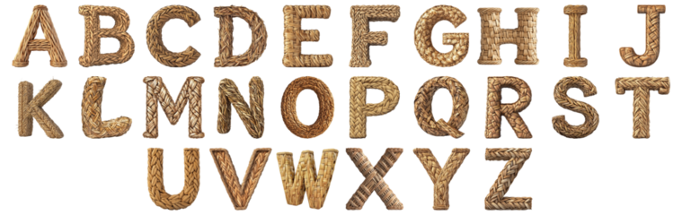 Pack A to Z alphabets Woven Basket Style set over Transparent Background for Modern Design Projects, Creative Branding, or Unique Typography Applications