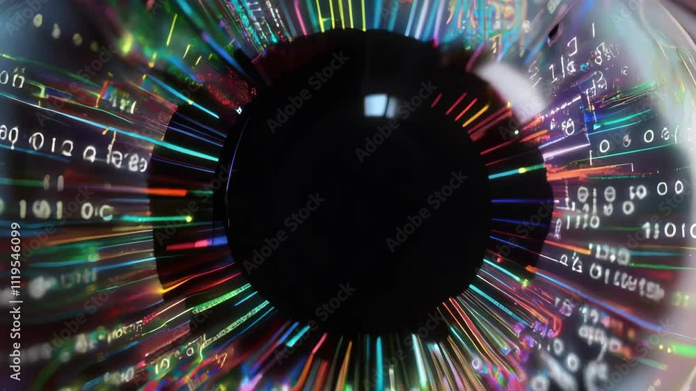 Poster human eye is showing a digital overlay with data streams, visualizing the concept of artificial inte