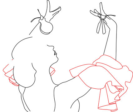 Lineart illustration of a Sevillana with castanets and a hair comb, in red, white, and black tones, representing Spain's flamenco tradition