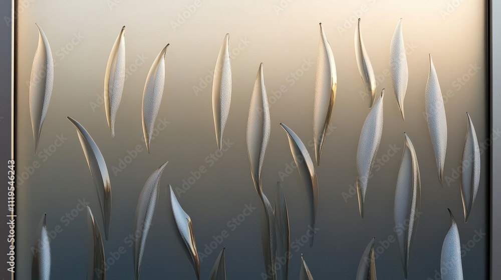 Poster abstract wall art featuring delicate leaf shapes in elegant silver tones against a soft gradient bac