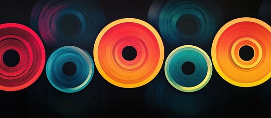 Abstract colorful concentric circles on black background.
