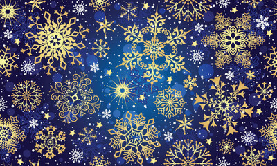 Vector Christmas hand drawn dark blue gradient seamless pattern with doodle golden gradient snowflakes and stars