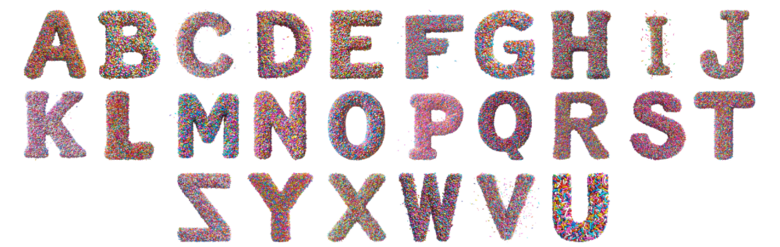 Pack A to Z alphabets Colorful Sprinkles Style set over Transparent Background for Modern Design Projects, Creative Branding, or Unique Typography Applications