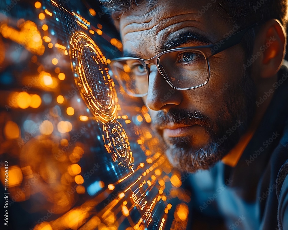 Poster digital security expert analyzing quantum encryption on glowing holographic screen for quantum inter