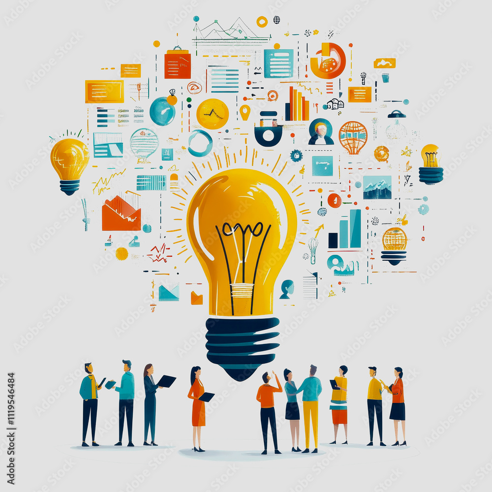 Poster team collaboration and innovation concept with light bulb idea graphic and colorful data representat