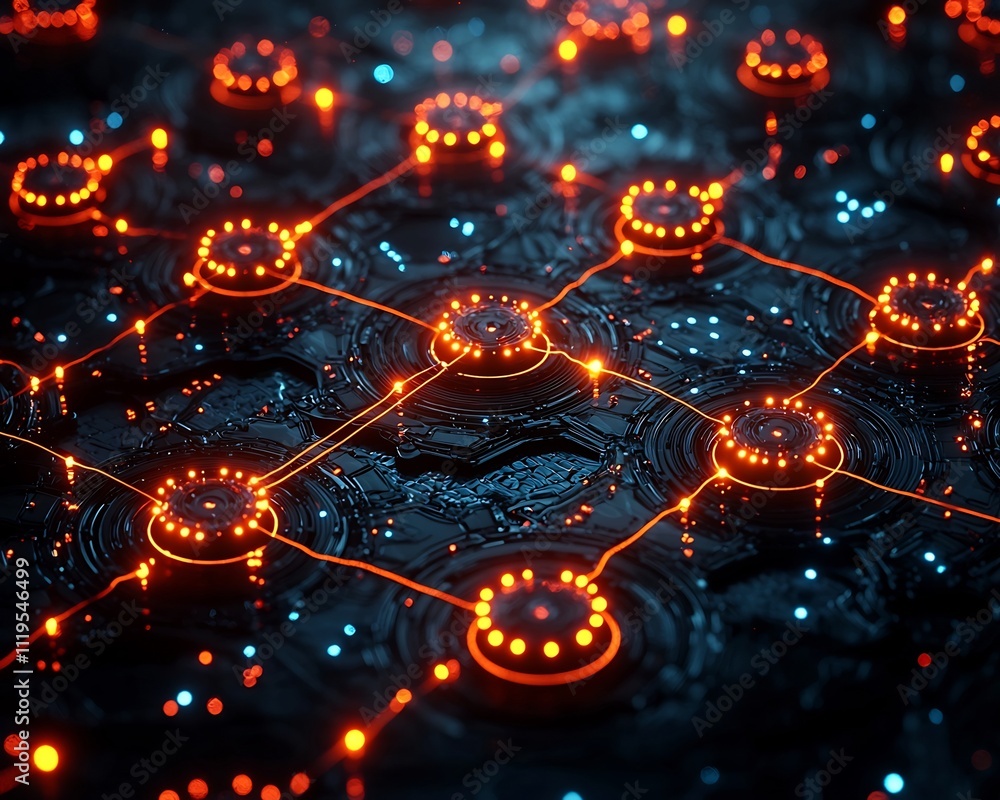 Poster holographic quantum internet nodes connected in real time with glowing data flow