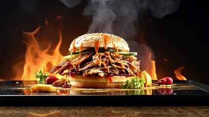 A delicious, smoky burger with pulled meat, garnished and set against a fiery background.