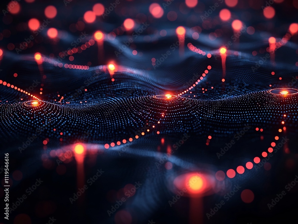 Poster digital visualization of a quantum network with glowing qubits transferring encrypted data globally 