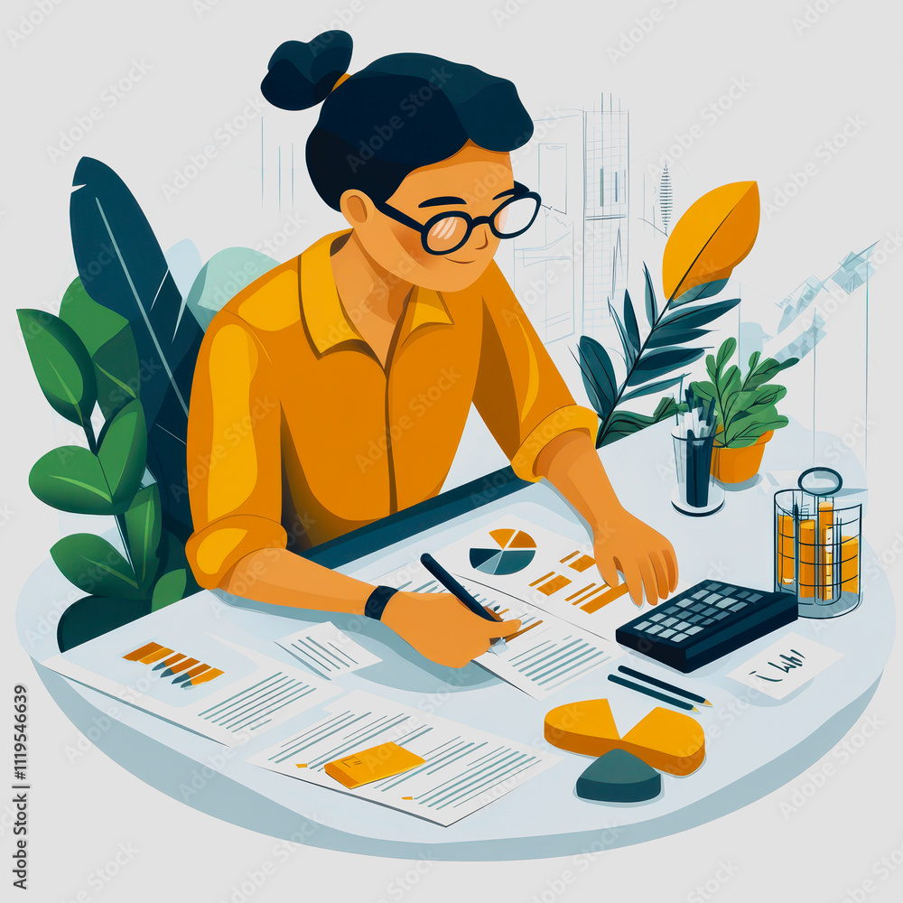 Poster young professional analyzing data with charts and graphs in a modern office space surrounded by gree