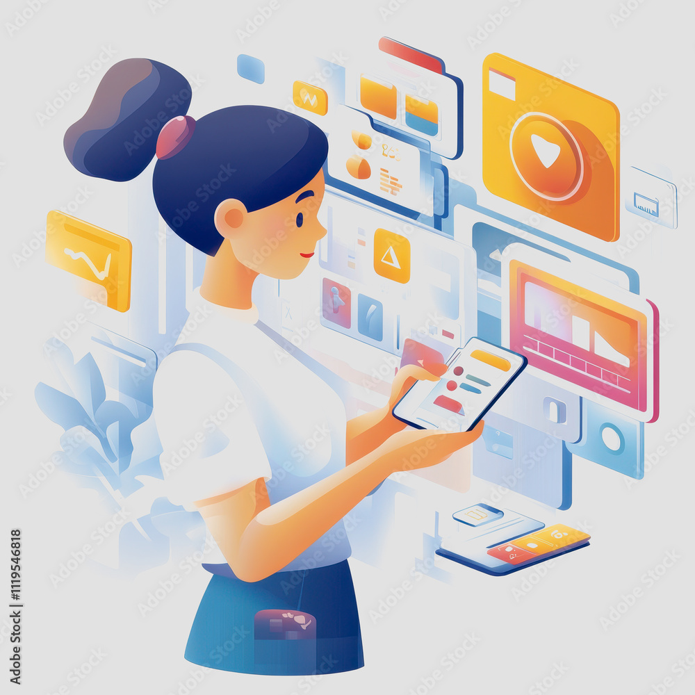 Aufkleber young professional woman interacting with digital technology while analyzing data on a smartphone su