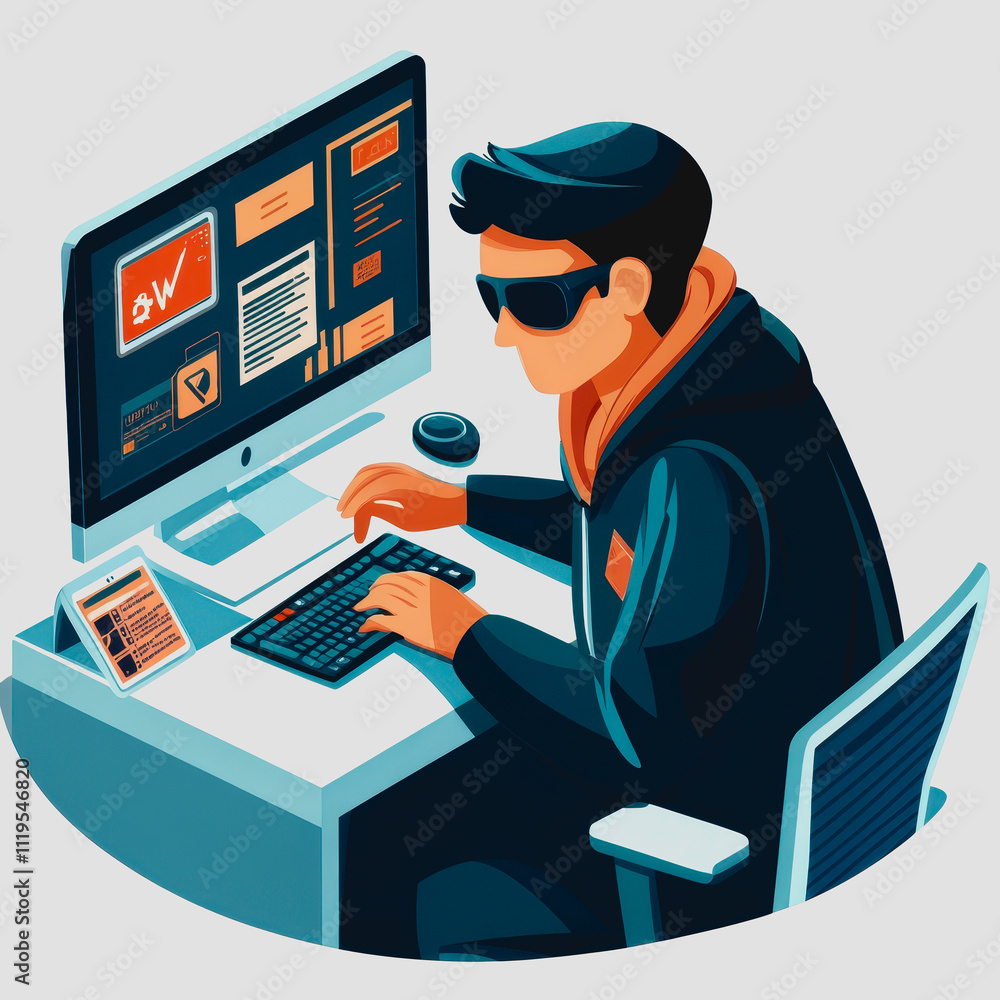Aufkleber stylish digital hacker working on computer with multiple screens and modern technology in a sleek, c