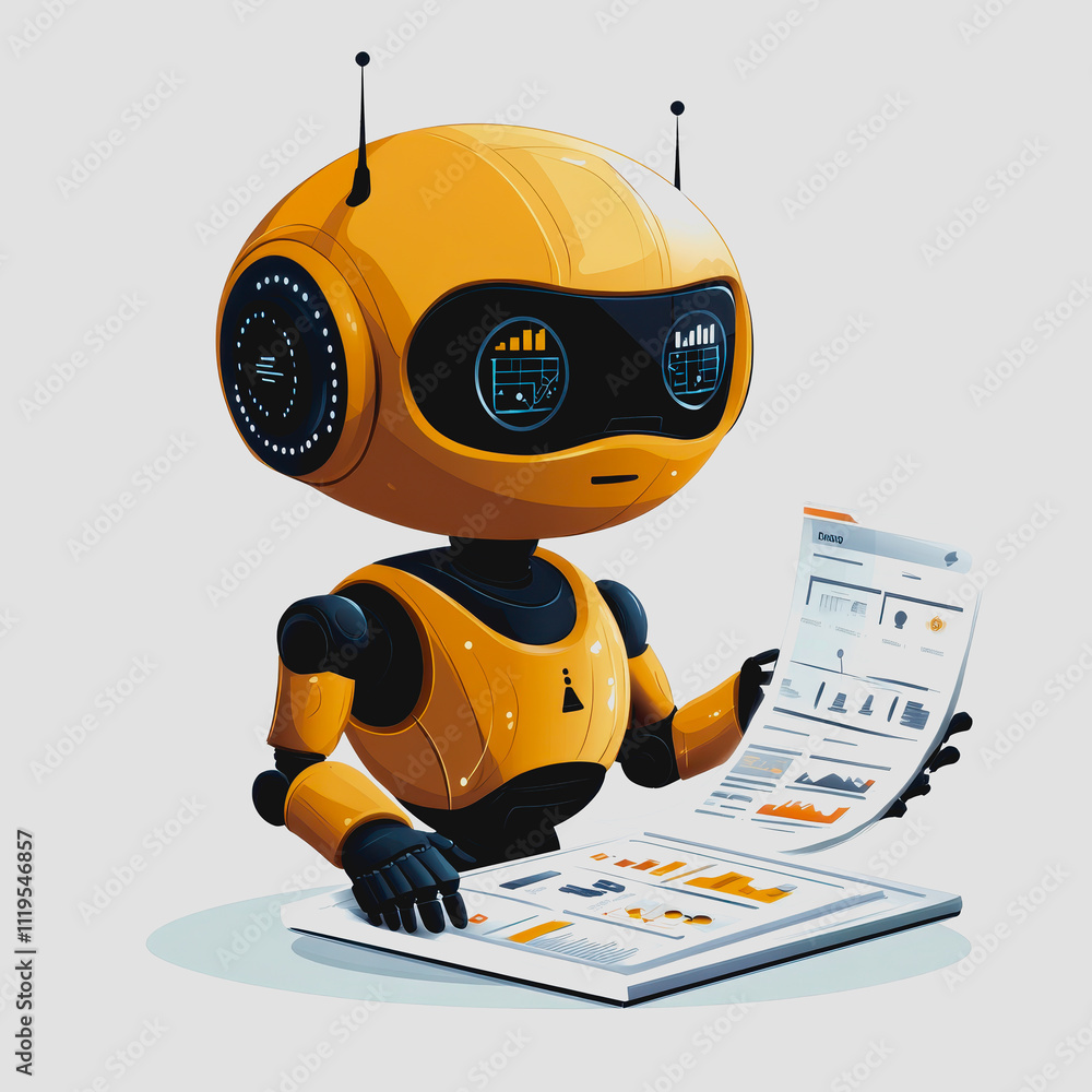 Aufkleber charming cartoon robot analyzing financial charts and data reports with a friendly demeanor, showcas