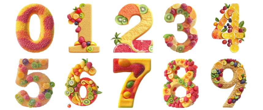 Pack 0 to 9 Numbers Juicy Fruits Style set over Transparent Background for Modern Design Projects, Creative Branding, or Unique Typography Applications