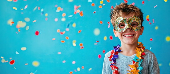 Funny boy with carnival mask isolated on blue