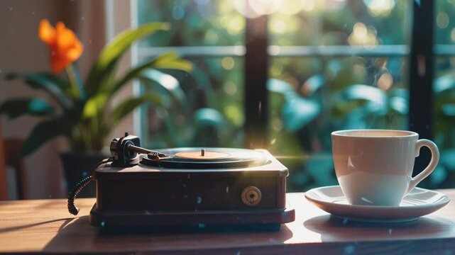 animated scenery Enjoying coffee while listening to nostalgic music, with old cassettes and a cup of coffee. 4k time-lapse video background that loops seamlessly